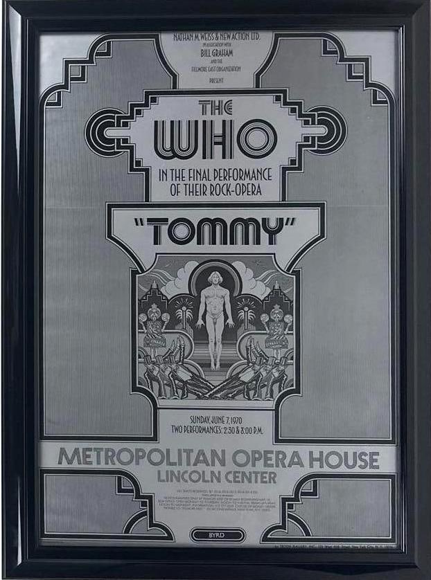 The Who "Tommy Final Performance" 1970 Framed Concert Poster (Chip Rachlin Collection): Vintage original black-and-silver framed concert poster for The Who's "Tommy Final Performance," measuring approximately 29.25" x 21.25". The poster advertises the final performance of Tommy at the Me