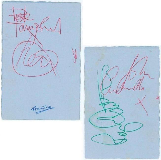 The Who Vintage Original Lineup Signed 6" x 4" Cut Including Keith Moon (JSA Authentication): Uncommon 6" x 4" light blue sheet signed on both sides by all four classic members of The Who: Pete Townshend, Roger Daltrey, John Entwistle, and Keith Moon. Each member has signed in vibrant ink,