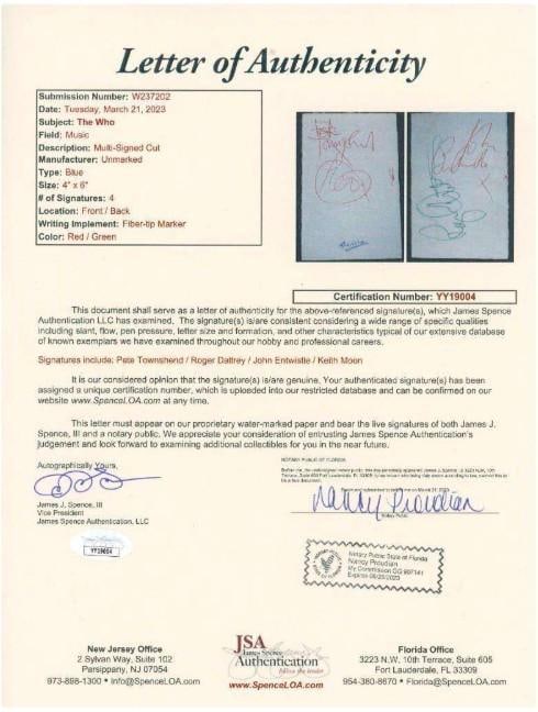 The Who Vintage Original Lineup Signed 6" x 4" Cut Including Keith Moon (JSA Authentication) - 4