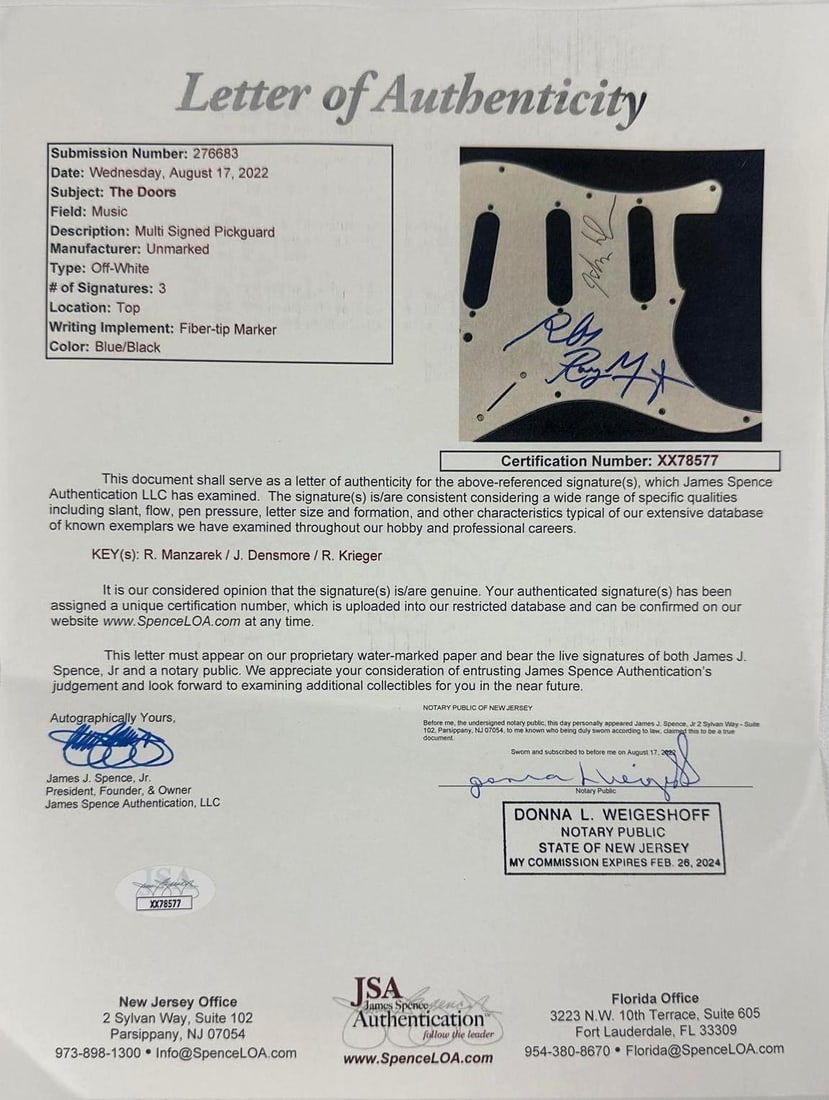 The Doors Group Signed "Waiting for the Sun" Custom Graphics Strat-Style Guitar (3 Sigs) (JSA Auth.) - 3
