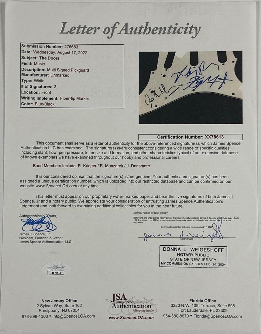 The Doors Group Signed Signature Edition Stratocaster-Style Electric Guitar (3 Sigs) (JSA) - 3