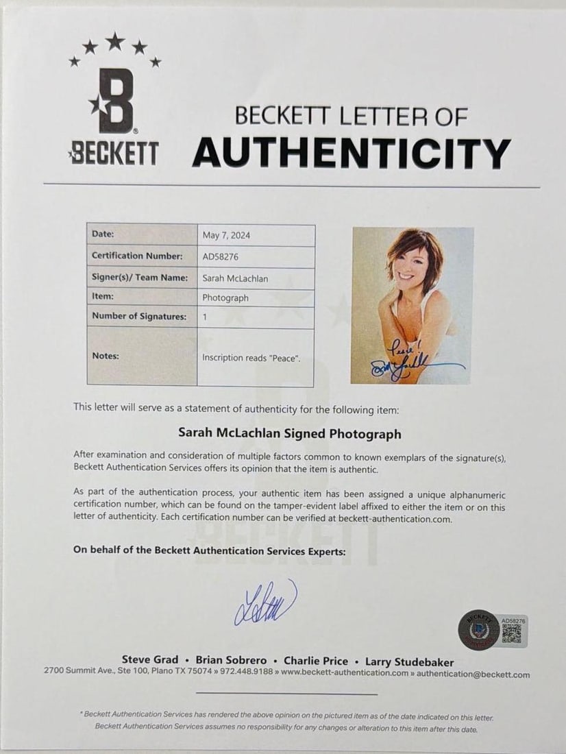 Sarah McLachlan Signed 10" x 8" Photo (Beckett Authentication) - 2