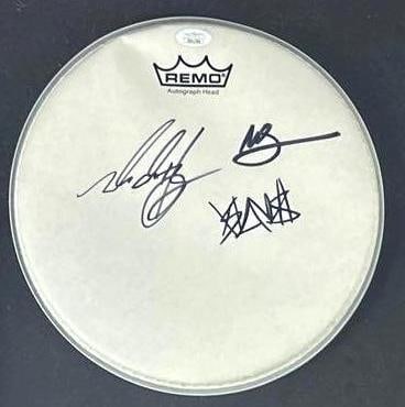 Blink-182 Group Signed 10.5" Remo Brand Drumhead Framed Display (3 Sigs) (JSA) - 2