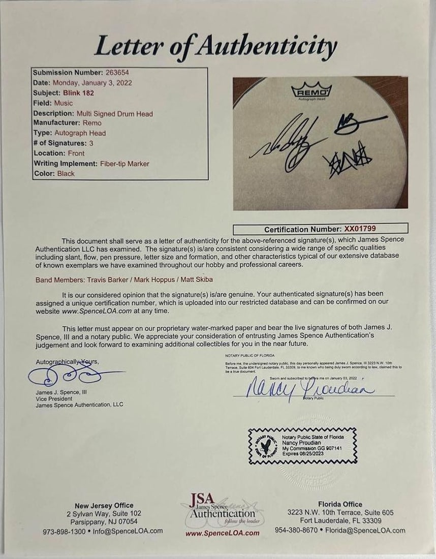 Blink-182 Group Signed 10.5" Remo Brand Drumhead Framed Display (3 Sigs) (JSA) - 3