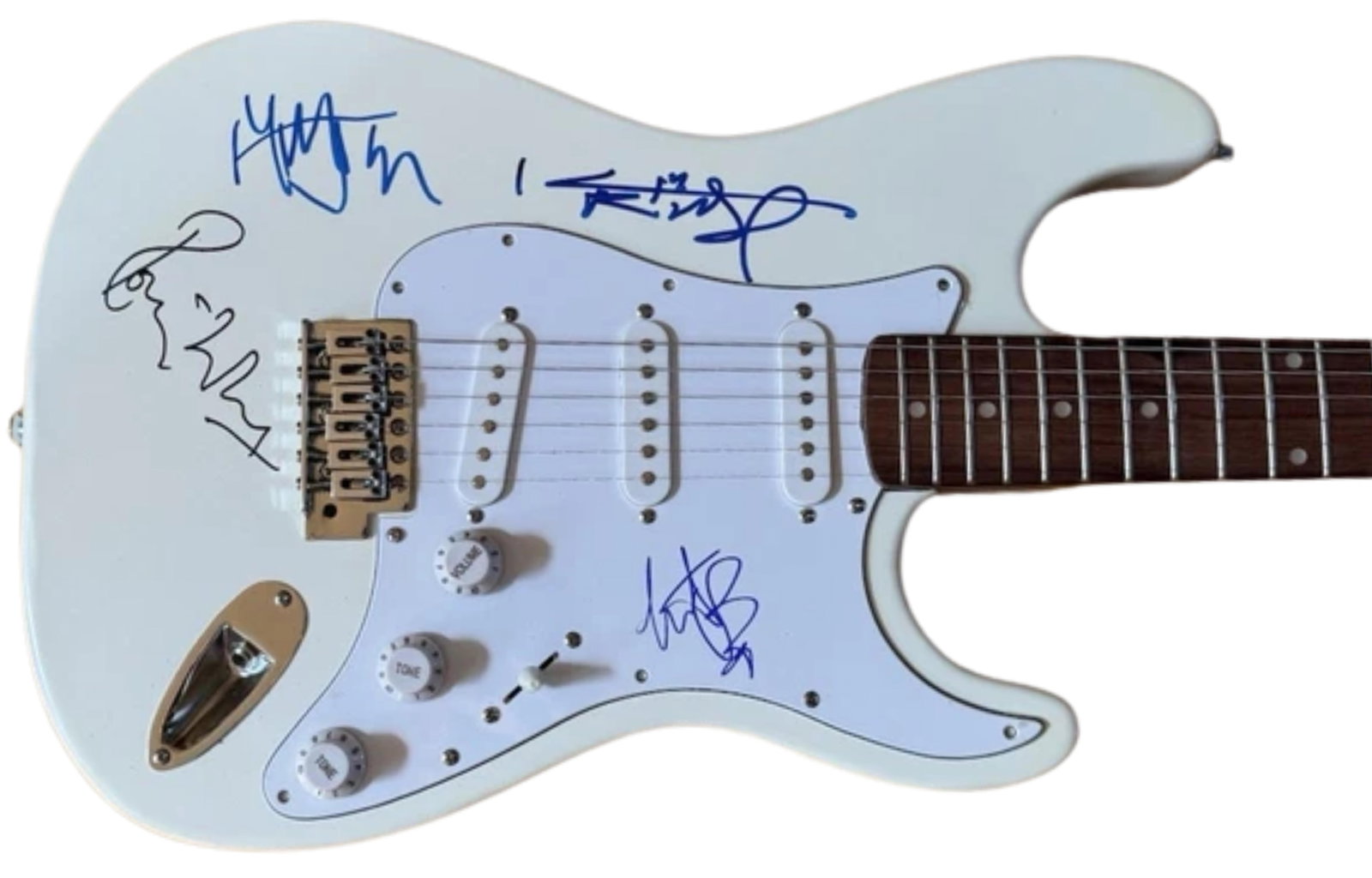 The Rolling Stones Group Signed Stratocaster-Style Guitar (4 Sigs) (Beckett): Impeccable white Stratocaster-style electric guitar signed on the body and pickguard in black and blue felt tip markers by all four Rolling Stones members: Mick Jagger, Keith Richards, Ronnie Wood, an