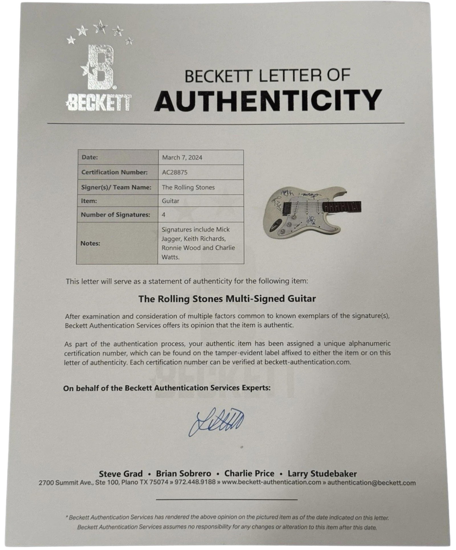 The Rolling Stones Group Signed Stratocaster-Style Guitar (4 Sigs) (Beckett) - 5
