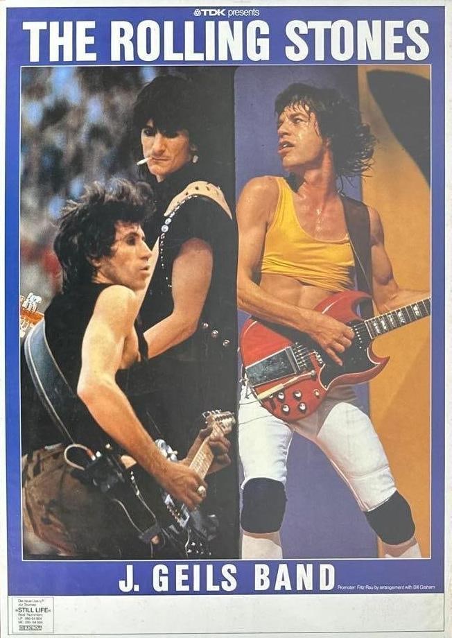 Rolling Stones Vintage German Bill Graham 1982 European Tour Poster (Chip Rachlin Collection): Vintage original color 34" x 24" German Bill Graham 1982 European Tour poster. This poster was a promotional poster for the band's shows in Germany with special guest the J. Gelis Band. In very good