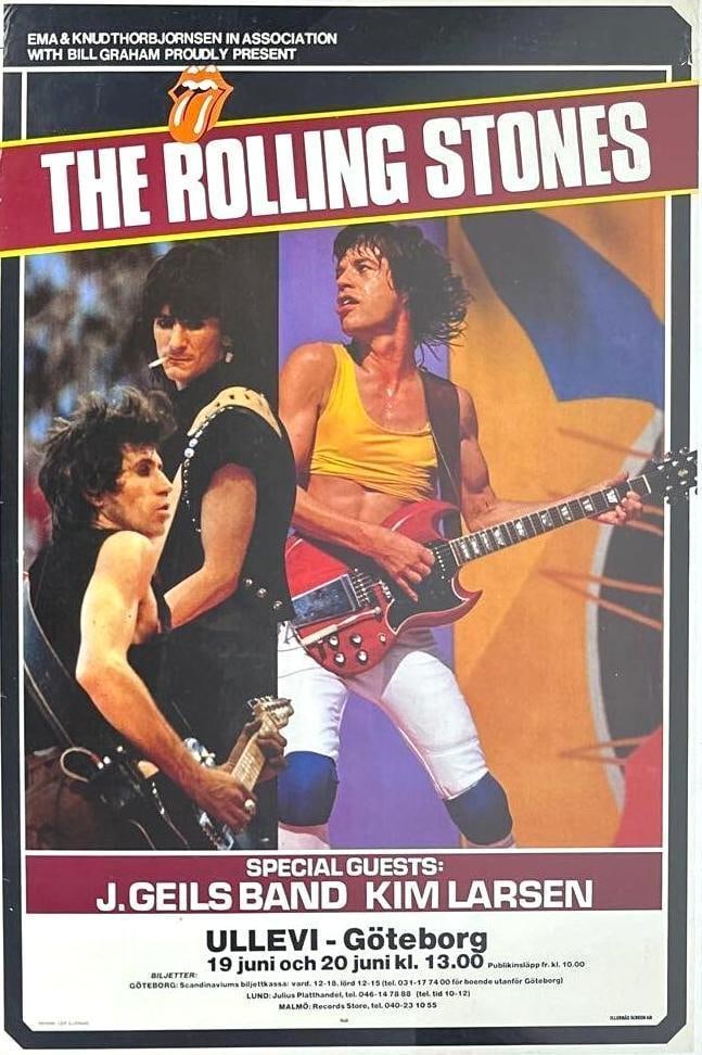 Rolling Stones 32.25" x 23.25" Swedish Bill Graham 1982 Tour Poster (Chip Rachlin Collection): Vintage original color 32.25" x 23.25" Swedish Bill Graham European Tour concert poster. This poster was a promotional poster for the band's shows in Goteborg, Sweden on June 19th and 20th, 1982,