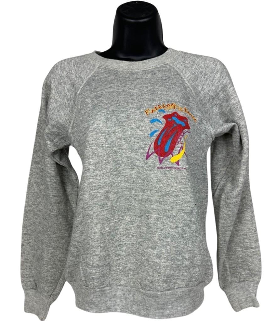 The Rolling Stones Vintage "Europe 82" Tour Sweatshirt (Chip Rachlin Collection): Vintage original gray mens size small 22" x 16.75" Rolling Stones "Europe 82" tour sweatshirt. The front features the band's name in red and yellow stylized font above the red and blue tongue