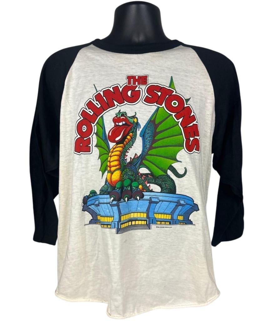 Rolling Stones Vintage 1981 Concert T-Shirt w/ Journey (Chip Rachlin Collection): Vintage original gray, blue, and red mens size XL 28" x 20.5" Rolling Stones concert t-shirt. The front features a colorful illustration of the band's iconic dragon logo sitting on top of a stadium,