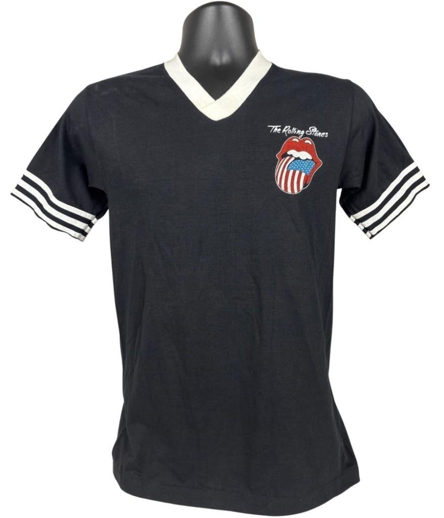 The Rolling Stones Vintage 1981 American Tour T-Shirt (Chip Rachlin Collection): Vintage original Sportswear brand black, red, and white size mens small 26" x 16" t-shirt. The front right breast features the band's name in white above their iconic tongue-sticking out logo in red,