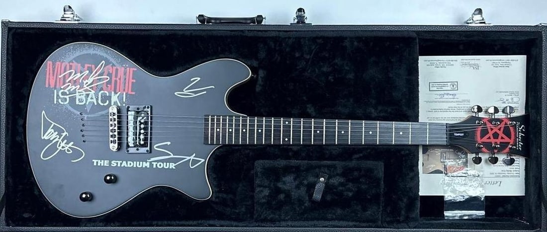 Motley Crue Group Signed "Stadium Tour" Stratocaster-Style Schecter Guitar (4 Sigs) (JSA) - 4