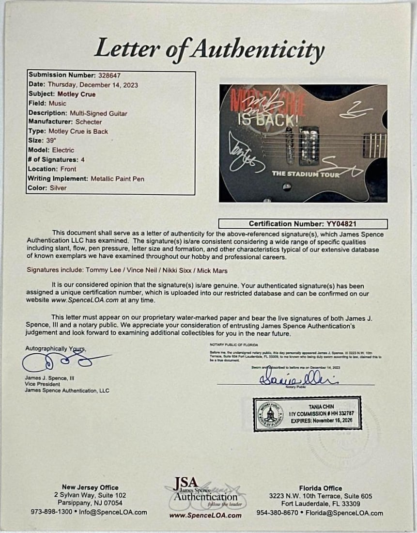 Motley Crue Group Signed "Stadium Tour" Stratocaster-Style Schecter Guitar (4 Sigs) (JSA) - 7