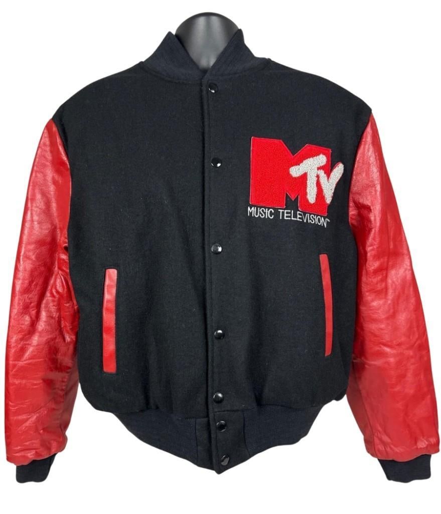 MTV Vintage Music Television Jacket (Chip Rachlin Collection): Vintage original black, white, and red mens size large 26.5" x 25.5" MTV music television jacket. The front features the MTV logo stitched in red and white fuzzy material on the left breast. The colla