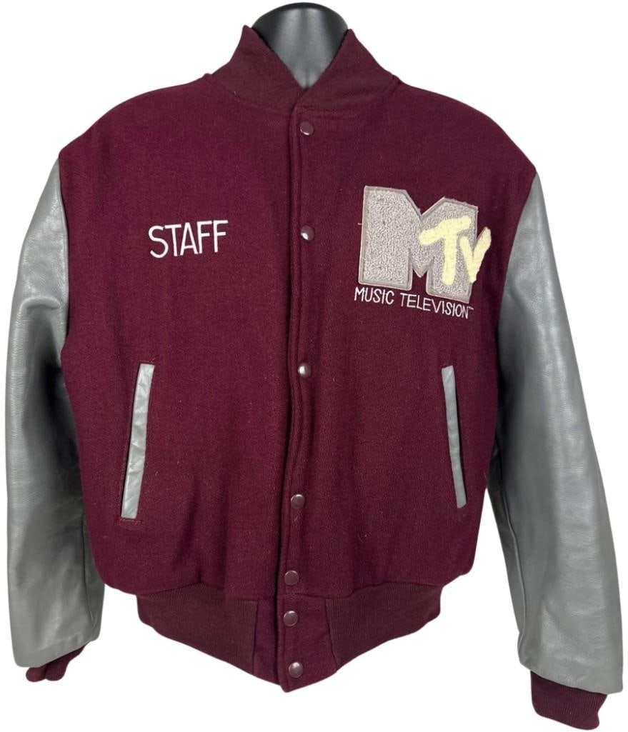 MTV Music Television Staff Varsity Jacket (Chip Rachlin Collection): Original gray and maroon mens size XL 28.5" x 24" MTV Music Television staff varsity jacket. The front features the word "STAFF" written in white on the left breast and the MTV logo stitched in fluffy