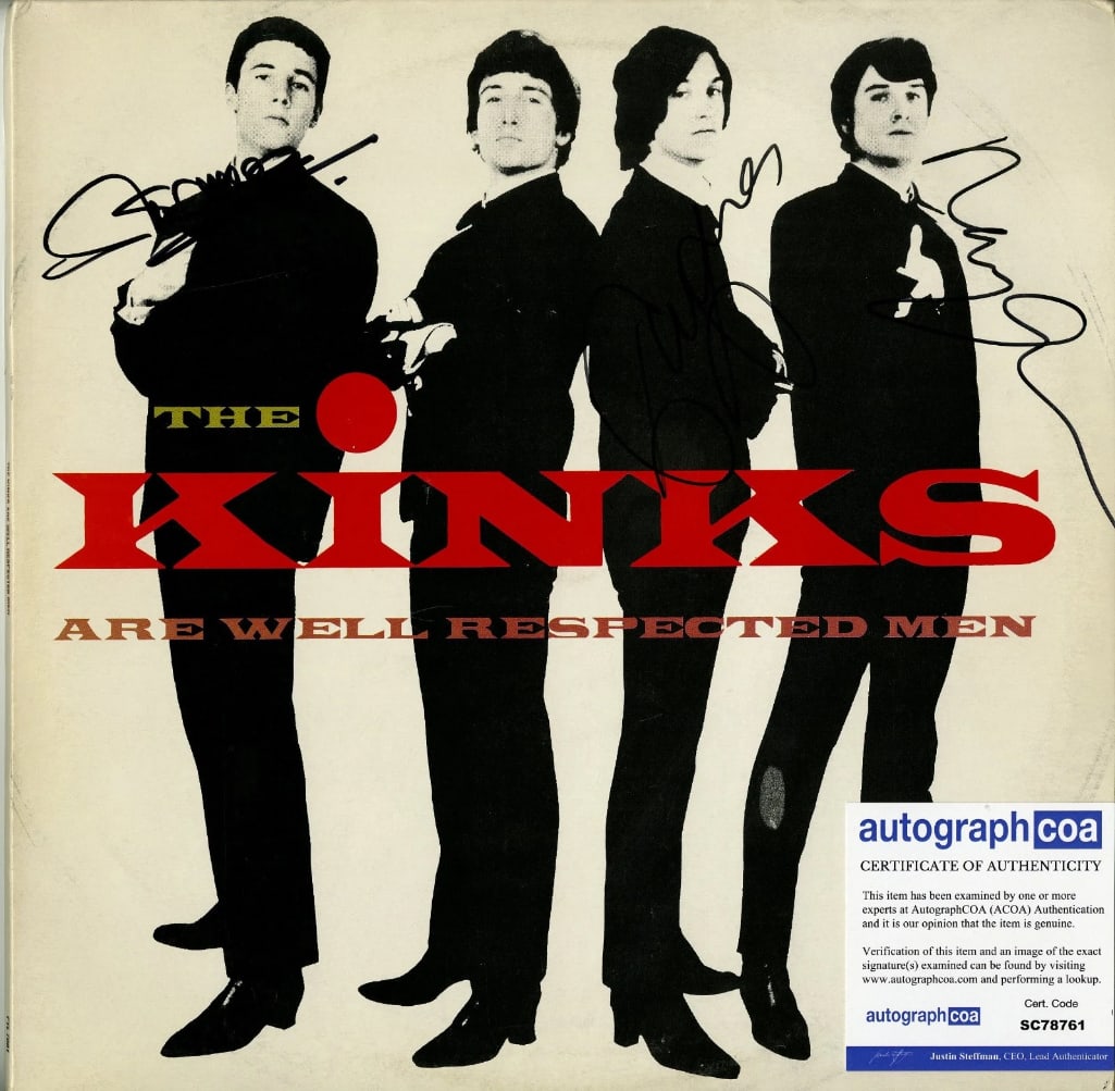 The Kinks Fully Group Signed "The Kinks Are Well Respected Men" Album (4 Sigs) (ACOA): "The Kinks Are Well Respected Men" album signed on the cover in black felt tip marker by The Kinks band members Ray Davies, Dave Davies, Mick Avory, and Pete Quaife. Measuring approximately 12" x 12"