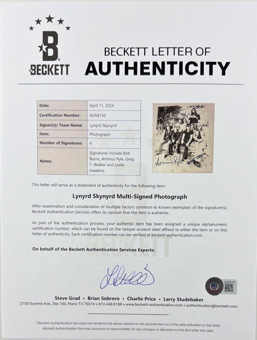Lynyrd Skynyrd Group Signed 10" x 8" Laser Print Photo (4 Sigs) (Beckett) - 2