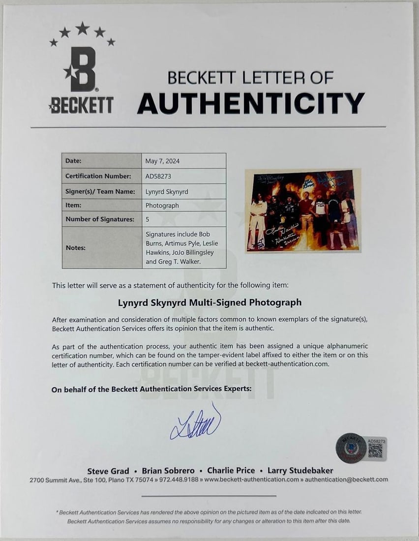 Lynyrd Skynyrd Group Signed 8.5" x 11" Photo (5 Sigs) (Beckett Authentication) - 2