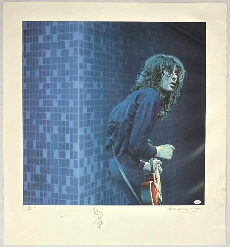 Led Zeppelin: Jimmy Page Signed 32.5" x 30.25" Lithograph LE #230/300 (JSA Authentication): Stunning color 32.5" x 30.25" lithograph signed in pencil by Led Zeppelin band member Jimmy Page. Numbered #230/300. In fine condition. Authenticated by JSA, with their official hologram affixed to