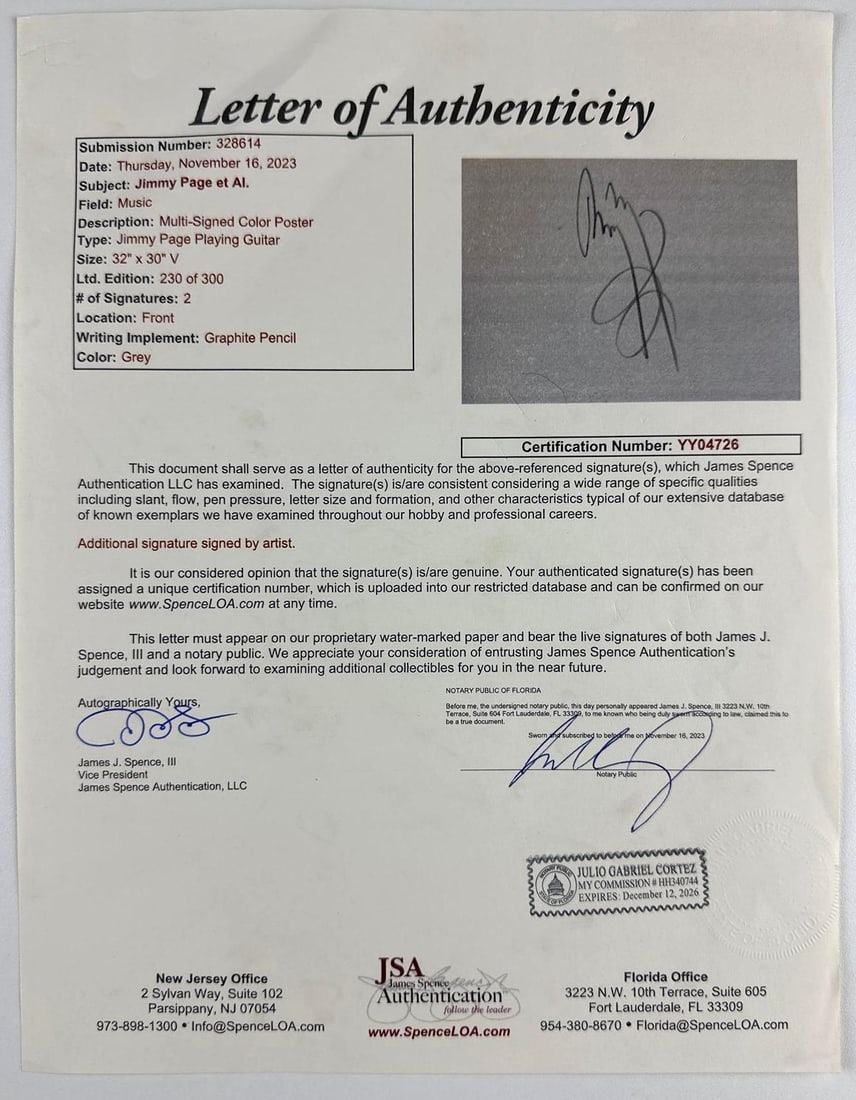 Led Zeppelin: Jimmy Page Signed 32.5" x 30.25" Lithograph LE #230/300 (JSA Authentication) - 5