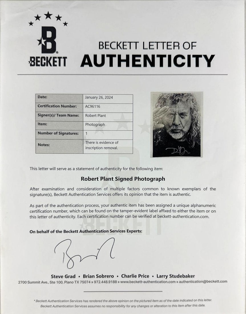 Led Zeppelin: Robert Plant Signed 10" x 8" Photo (Beckett Authentication) - 3