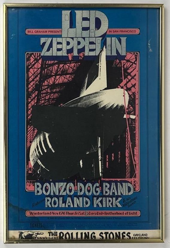 Led Zeppelin 1969 Bill Graham Winterland Framed Concert Poster (Chip Rachlin Collection): Iconic vintage original color 21.25" x 14.25" 1969 Bill Graham Winterland concert poster. This poster was for a Led Zeppelin performance with supporting acts Bonzo Dog Band and Roland Kirk at the