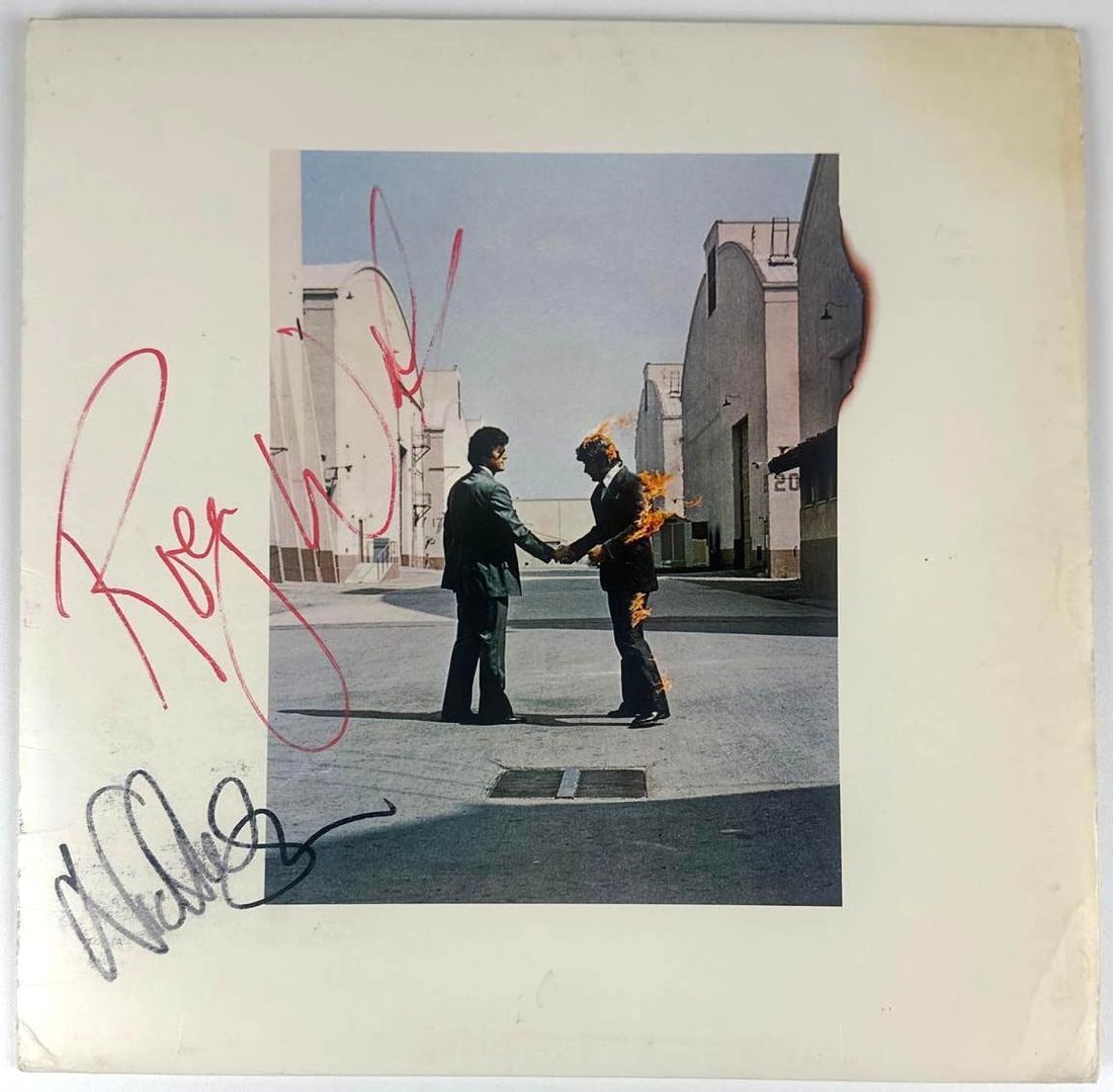 Pink Floyd: Roger Waters & Nick Mason Signed "Wish You Were Here" Album (2 Sigs) (Beckett): "Wish You Were Here" album signed on the cover in red and black felt tip markers by Pink Floyd band members Nick Mason and Roger Waters. Measuring approximately 12" x 12" and in very good condition,