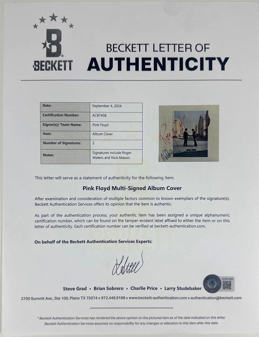 Pink Floyd: Roger Waters & Nick Mason Signed "Wish You Were Here" Album (2 Sigs) (Beckett) - 3