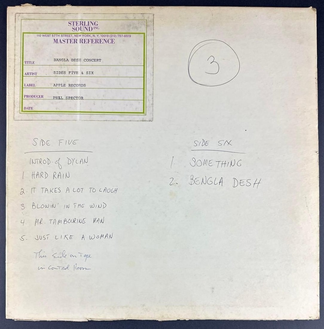 Bob Dylan "Concert for Bangladesh" Sterling Sound Master Reference Album (Chip Rachlin Collection): Rare original Apple Records Sterling Sound "Master Reference" album for The Concert for Bangladesh, produced by Phil Spector. This original studio Master Reference includes the matching reference reco