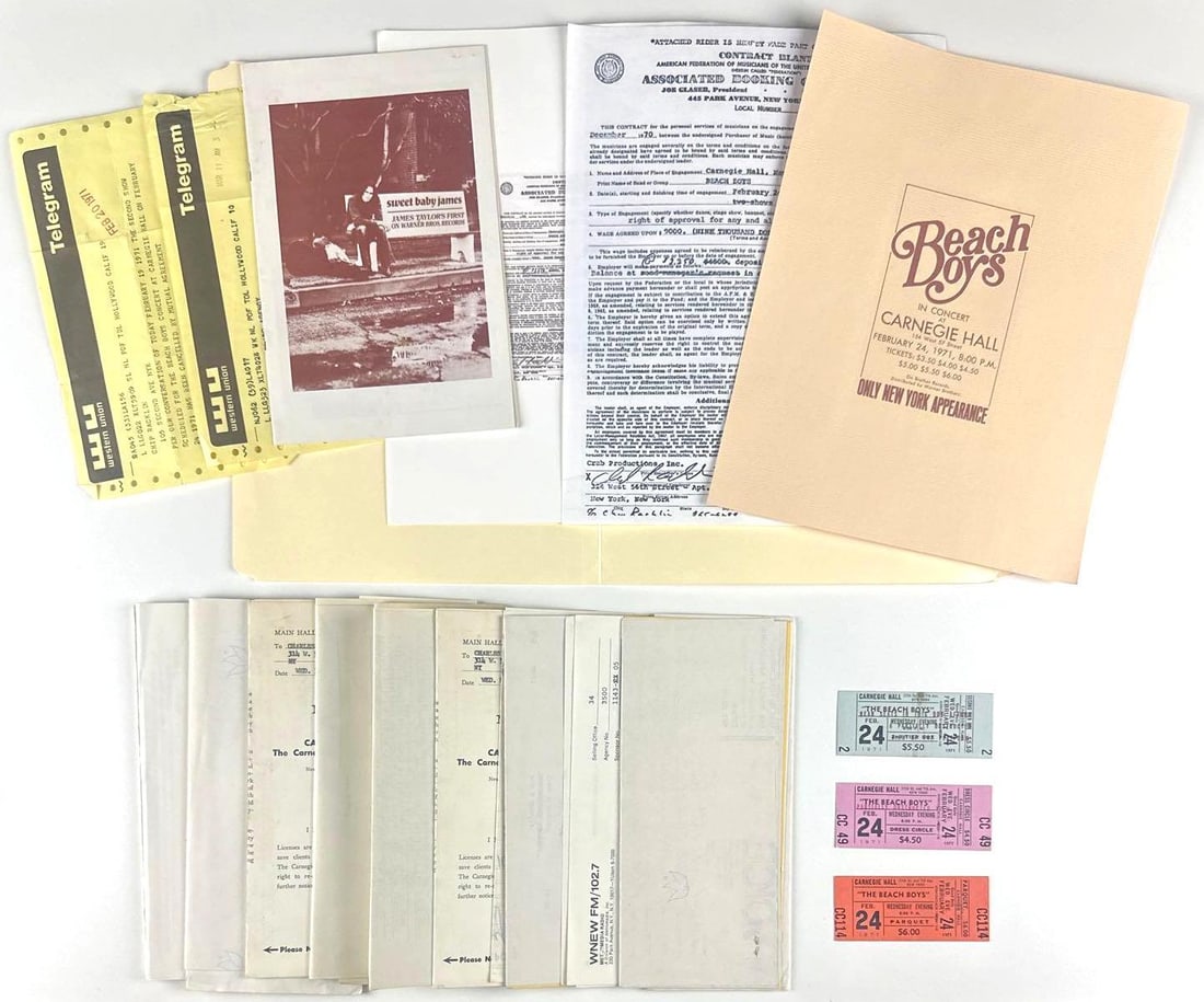 The Beach Boys 1971 Carnegie Hall Concert Working Archive (Chip Rachlin Collection): Extensive working archive of original concert documents relating to The Beach Boys' February 24, 1971 performance at New York's legendary Carnegie Hall, personally retained by music industry