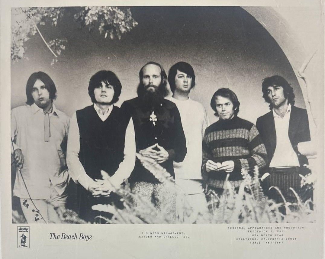 The Beach Boys Vintage 8" x 10" 1970 Promo Photo (Chip Rachlin Collection): Black-and-white 8" x 10" promotional photo taken in the summer of 1970 by Bob Jenkins. This photo was used in the promotional material for "Tears in the Morning" single for their "Sunflower" album.