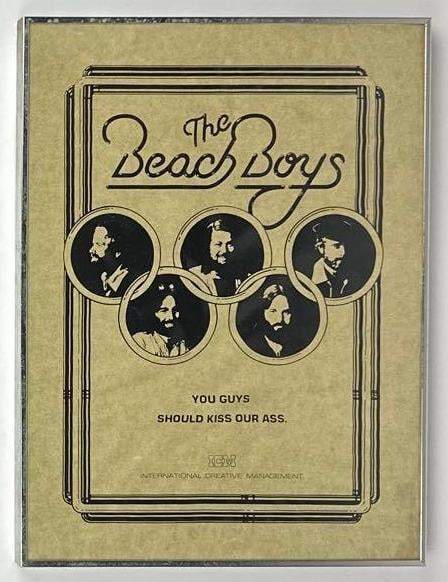 The Beach Boys Vintage Original ICM Promotional Poster (Chip Rachlin Collection): Vintage original ICM promotional poster for The Beach Boys, framed and measuring approximately 16.5" x 12.5". Printed in black on tan stock, the design features portrait photographs of the band