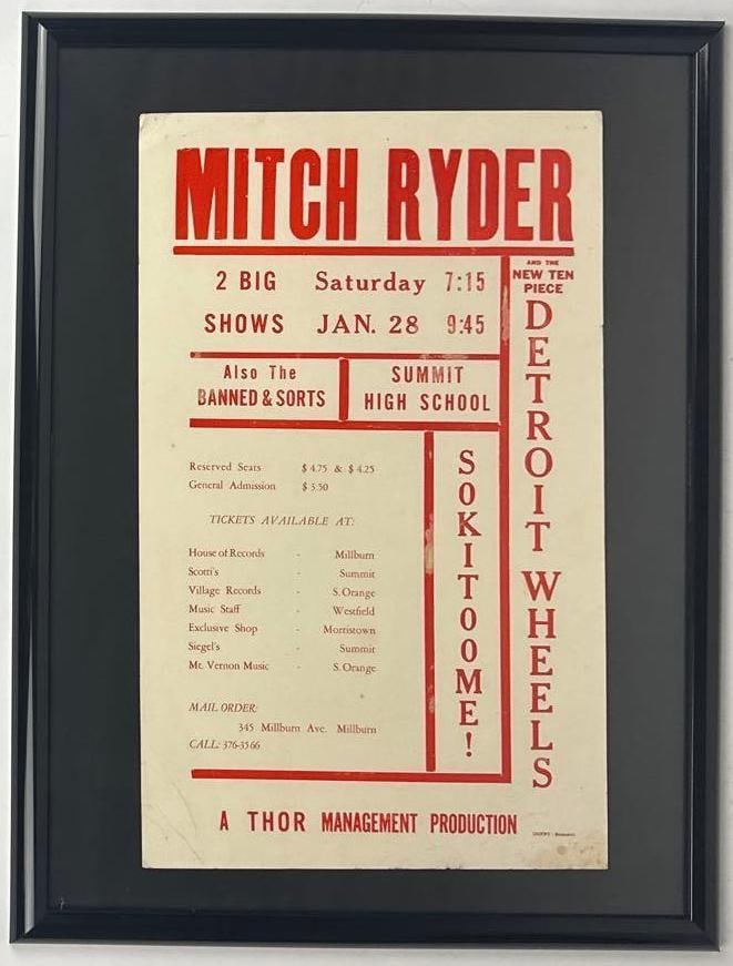 Mitch Ryder & The Detroit Wheels 1967 Framed Concert Flyer (Chip Rachlin Collection): Vintage original white and red framed 25" x 19" Mitch Ryder & the Detroit Wheels concert flyer. Flyer is for a concert performed by musician Mitch Ryder and the Detroit Wheels with special guest The