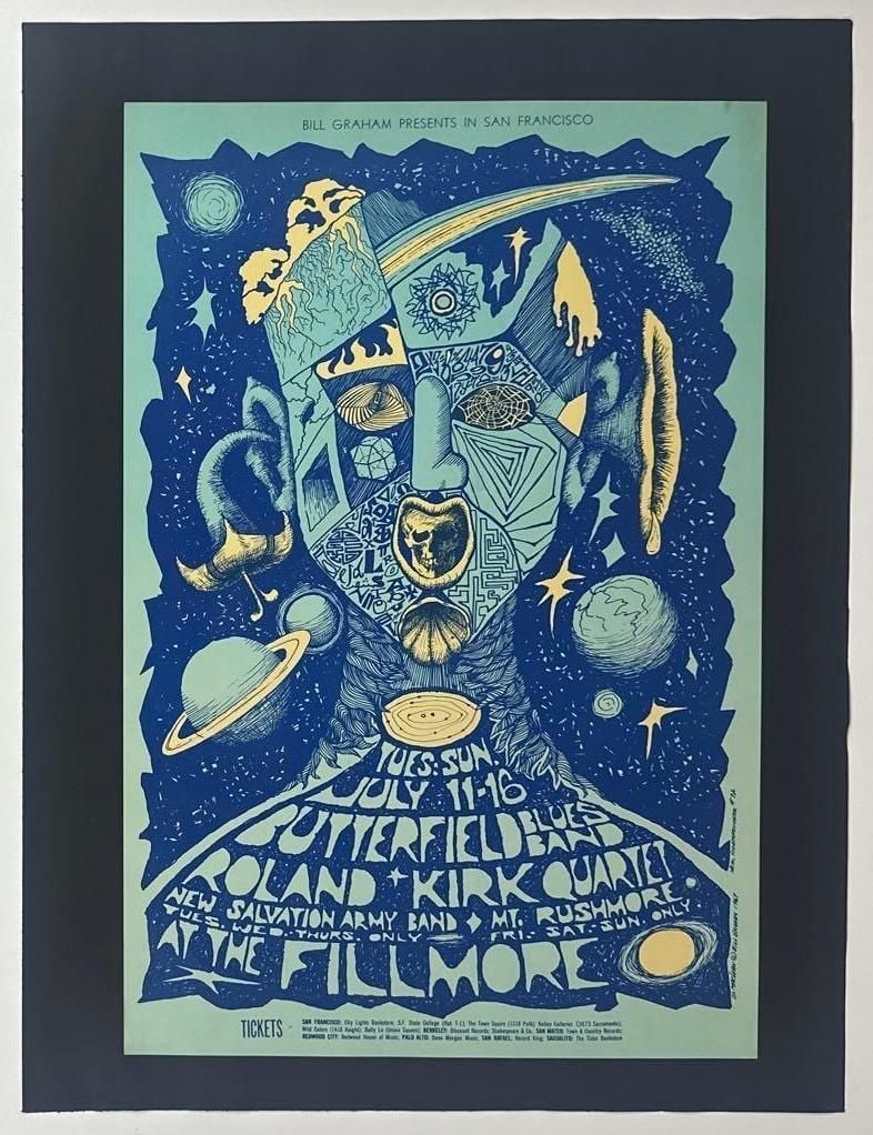 The Butterfield Blues Band 1967 Bill Graham Fillmore Concert Poster (Chip Rachlin Collection): Vintage original color 21" x 14" 1967 Bill Graham Fillmore Auditorium concert poster. This poster was for a performance by the Butterfield Blues Band and featuring guests the Roland Kirk Quartet, the