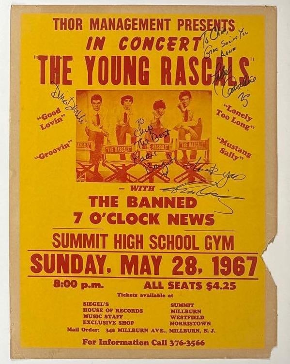 The Young Rascals Fully Group Signed 24" x 18.25" 1967 Concert Poster (Chip Rachlin Collection): Original color 24" x 18.25" 1967 concert poster, signed in black ink by the Young Rascals band members Dino Danelli, Eddie Brigati, who inscribed "To Chip The Best" before his name, Felix Cavaliere, w