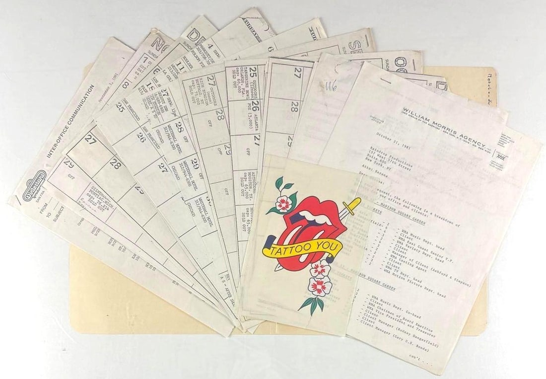 The Rolling Stones 1981 "Tattoo You" American Tour Working Archive (Chip Rachlin Collection): Extensive working archive of original tour documents from The Rolling Stones' landmark 1981 "Tattoo You" American Tour, personally retained by music industry executive Chip Rachlin, who worked