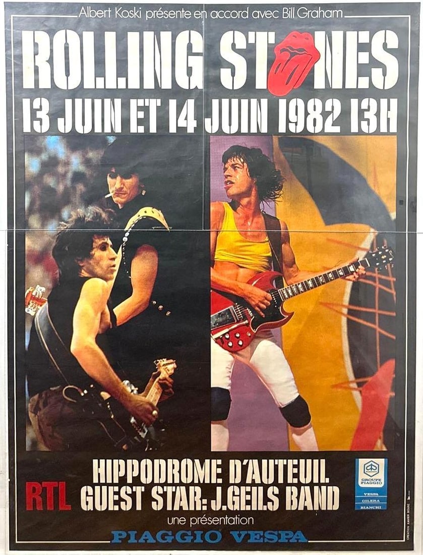The Rolling Stones Vintage French 61" x 45" Bill Graham 1982 European Tour Poster (Chip Rachlin): Vintage original color 61" x 45" French Bill Graham European Tour concert poster. This poster was a promotional poster for the band's shows at the Hippodrome d'Auteuil in Paris on June 13th and 14th,