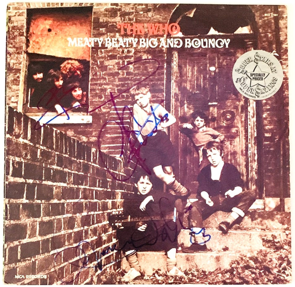 The Who Group Signed "Meaty Beaty Big & Bouncy" Album (3 Sigs) (Beckett): "Meaty Beaty Big & Bouncy" album signed on the cover in blue felt tip marker by The Who band members Roger Daltrey, Pete Townshend, and John Entwistle. Measuring approximately 12" x 12" and in very
