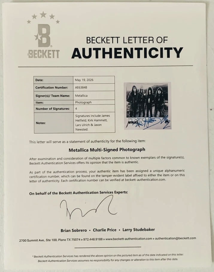 Metallica Fully Group Signed 8" x 10" Promotional Photo (4 Sigs) (Beckett) - 2