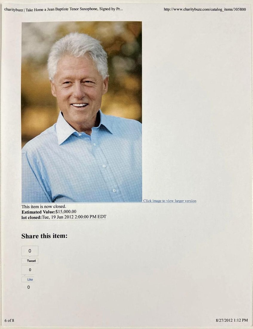 President Bill Clinton Signed Tenor Saxophone (Donated by Clinton, 2012 NYC Charity Event) - 7