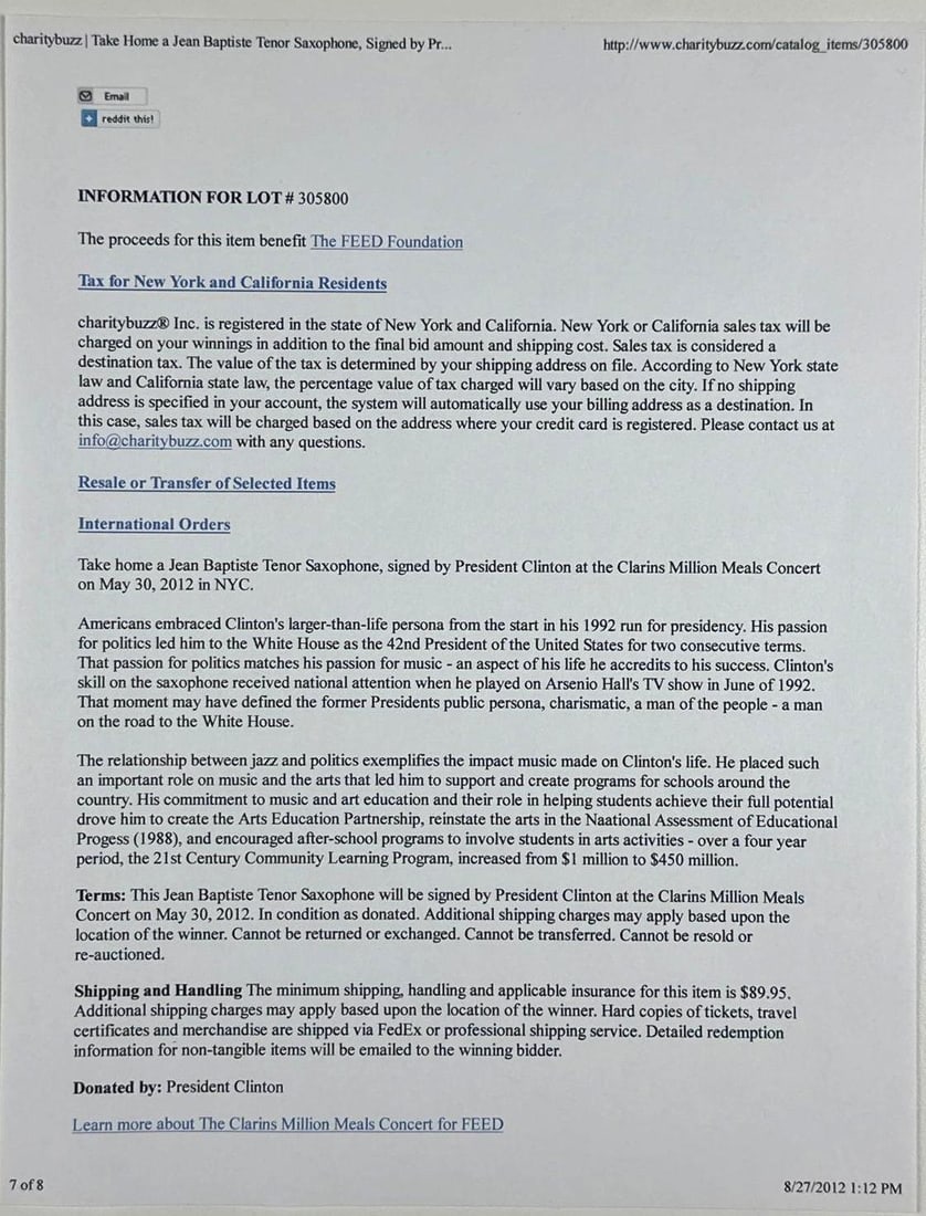 President Bill Clinton Signed Tenor Saxophone (Donated by Clinton, 2012 NYC Charity Event) - 8