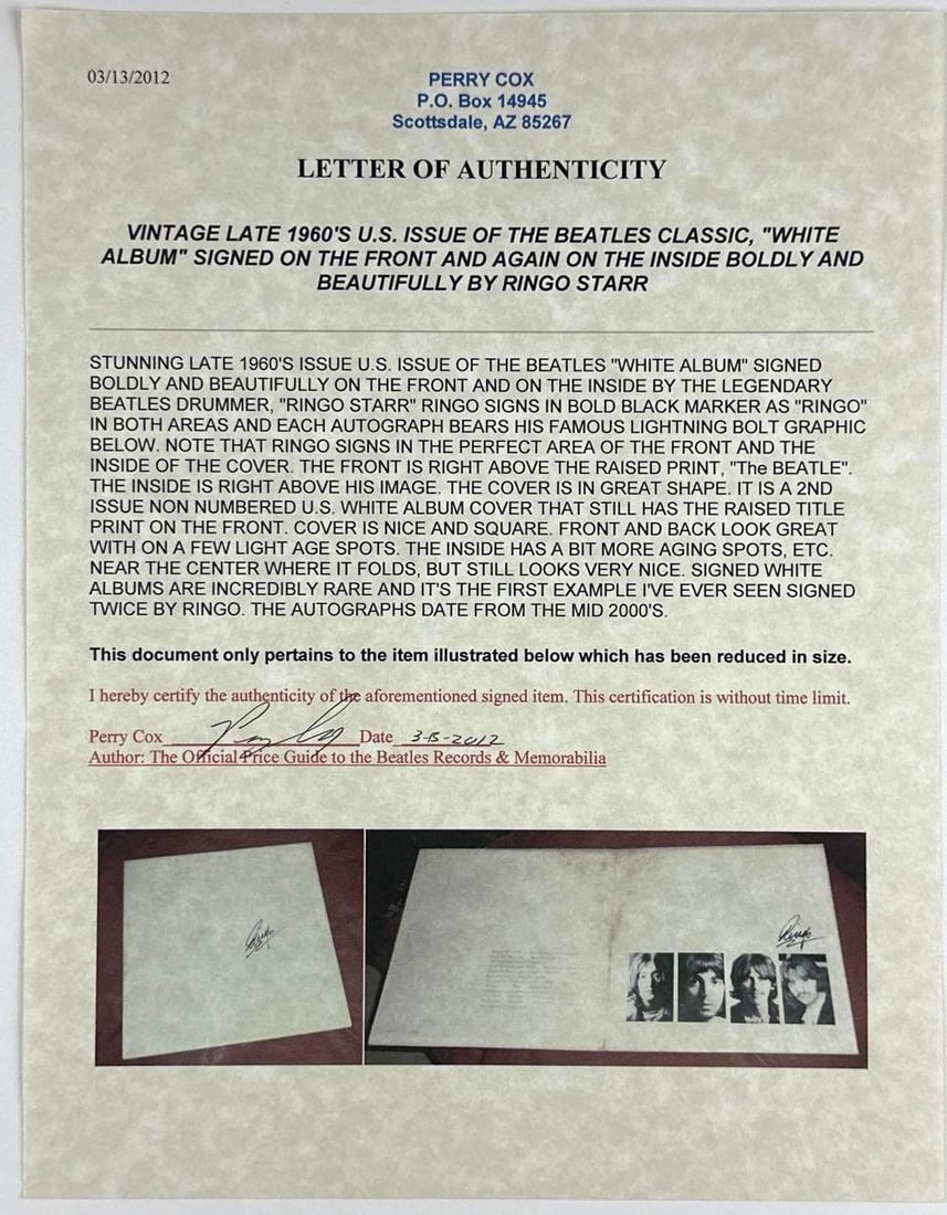 The Beatles: Ringo Starr Twice-Signed Late 1960s U.S. “White Album” (Perry Cox LOA) - 5