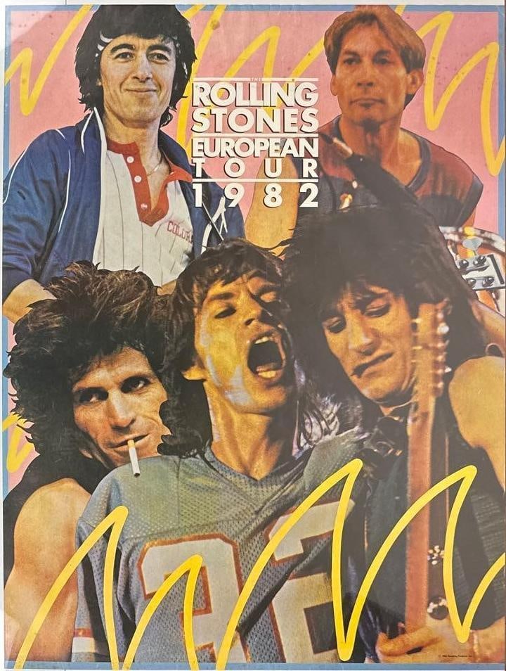 The Rolling Stones 36" x 27" 1982 European Record Store Tour Poster: Original color 36" x 27" 1982 European record store tour poster. In very good condition, with some signs of scattered wear, including a corner fold crease on the top right, and some rust-colored