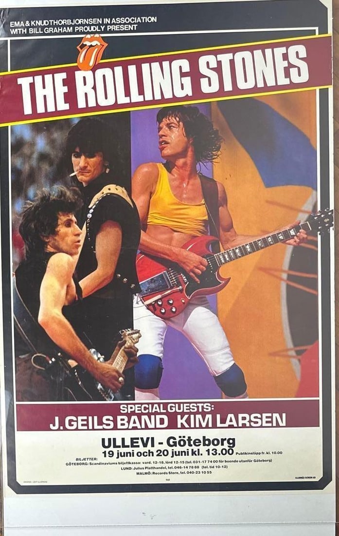 The Rolling Stones Vintage 35.5" x 23.75" Bill Graham 1982 European Tour Poster (Chip Rachlin): Vintage original color 32.25" x 23.25" Swedish Bill Graham European Tour concert poster. This poster was a promotional poster for the band's shows in Goteborg, Sweden on June 19th and 20th, 1982, with