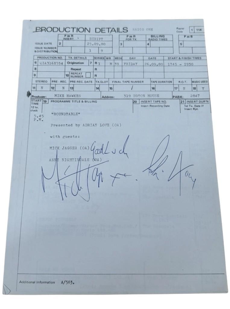The Rolling Stones: Mick Jagger Signed Production Radio Round Table Script (Beckett): White five-page stapled production script for the radio program "Roundtable," signed in blue ballpoint pen by The Rolling Stones band member Mick Jagger, who inscribed "Good luck" above his signature.