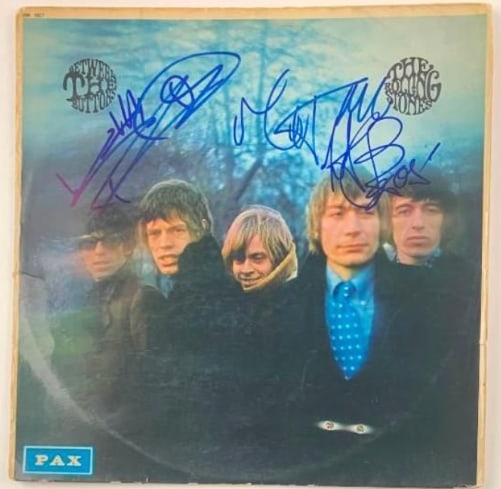 The Rolling Stones Group Signed "Between the Buttons" Album (3 Sigs) (Beckett Authentication): Scarce "Between the Buttons" album signed on the cover in blue felt tip marker by the Rolling Stones band members Mick Jagger, Keith Richards, and Charlie Watts. Measuring approximately 12" x 12" and