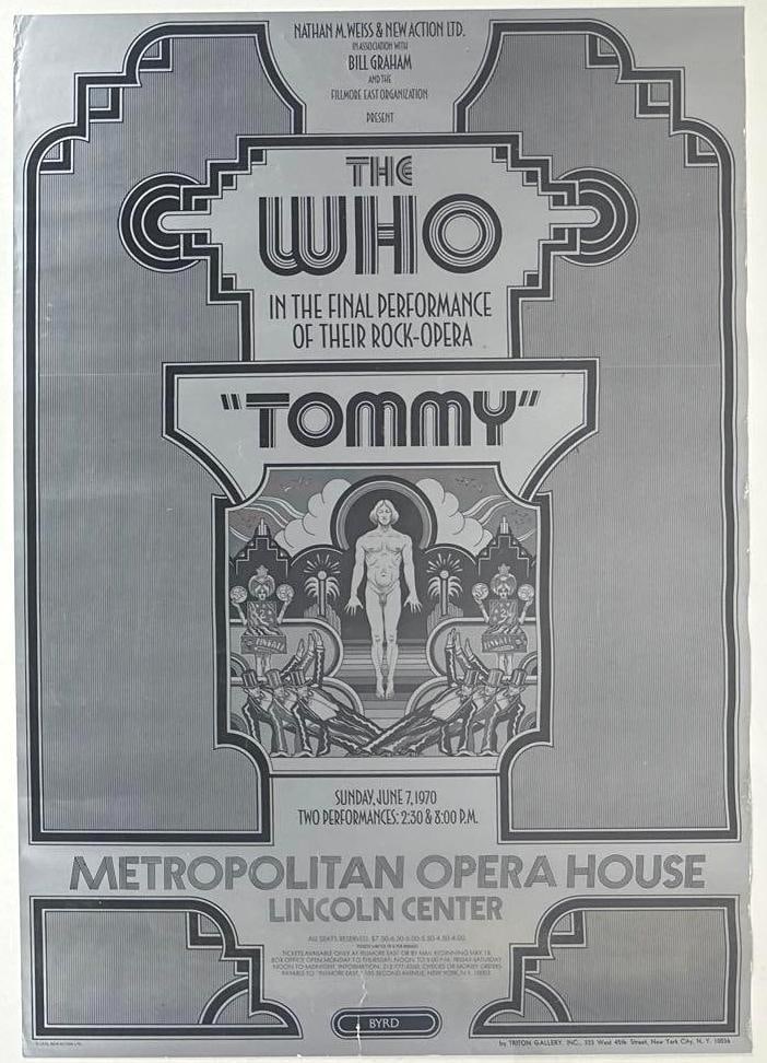 The Who "Tommy Final Performance" Bill Graham 1970 Poster (Chip Rachlin Collection): Vintage original black and silver 26" x 18" concert poster for The Who's final performance of the play "Tommy" at the Metropolitan Opera House, Lincoln Center, New York, on June 7, 1970. Originally de