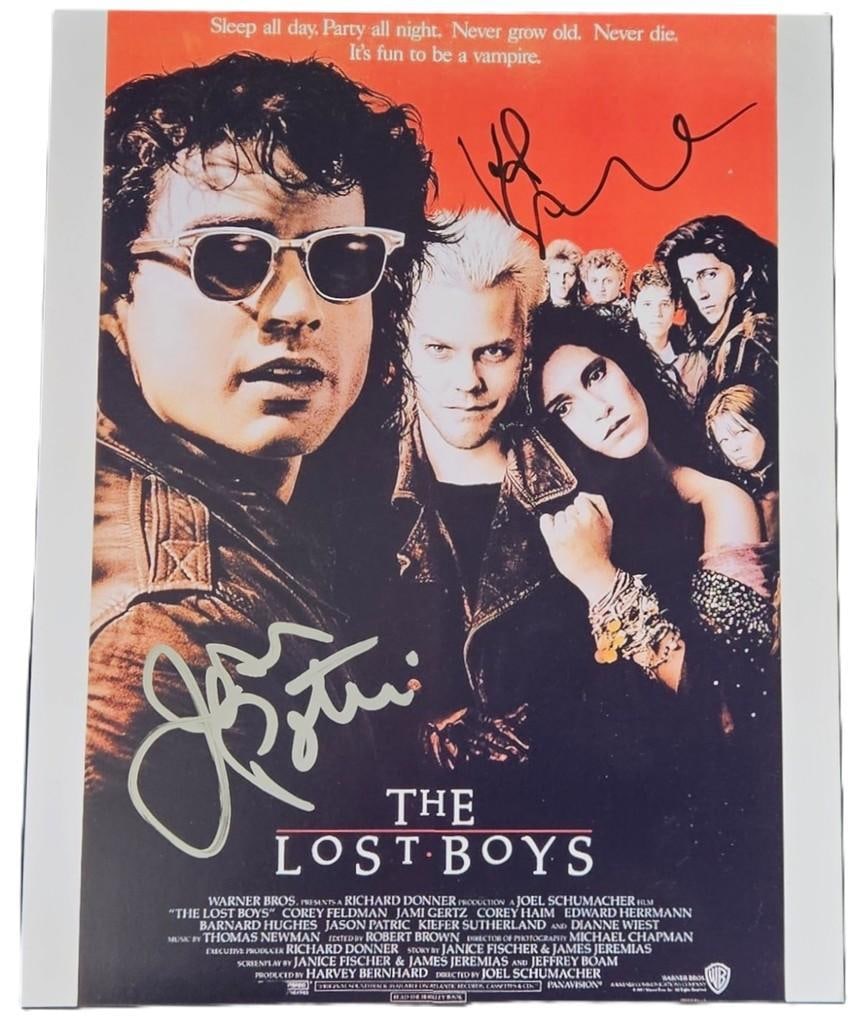 The Lost Boys: Kiefer Sutherland & Jason Patric Signed 10" x 8" Poster Photo (2 Sigs): Color 10" x 8" photo from "The Lost Boys" poster signed in silver and black felt tip markers by actors Kiefer Sutherland and Jason Patric. In fine condition. Obtained in-person. Provenance Eaton & Bre