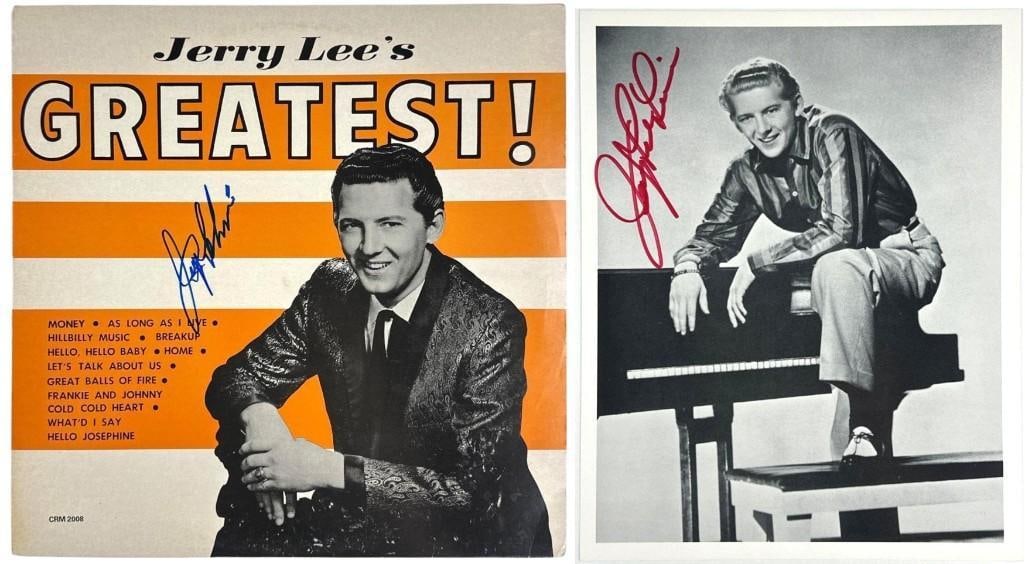 Jerry Lee Lewis Lot of (2) Signed Album & 10" x 8" Photo (Epperson): "Jerry Lee's Greatest!" album signed on the cover in blue felt tip marker by musician Jerry Lee Lewis. Measuring approximately 12" x 12" and in fine condition. Record is included. Accompanied by an Ep