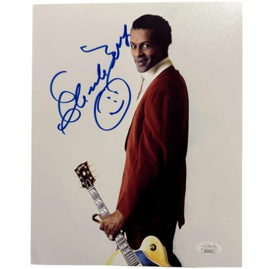 Chuck Berry Signed 10" x 8" Photo (JSA Authentication): Color 10" x 8" photo signed in blue felt tip marker by musician Chuck Berry. In fine condition. Accompanied by a JSA COA (#AW34421).
